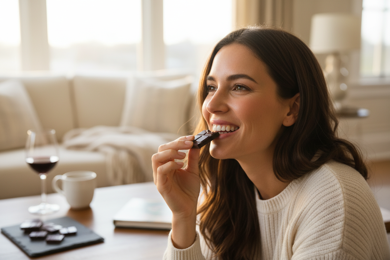 Woman having a bite of chocolate